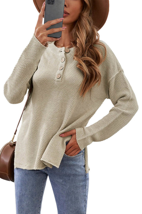 Henley Button Placket Side Slit Drop Shoulder Pullover Knit Sweater